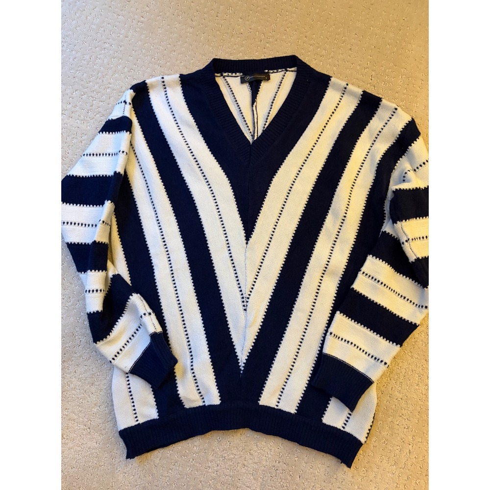PRETTYGARDEN‎ Womens Navy Blue White Striped V-Neck Sweater Nautical Small